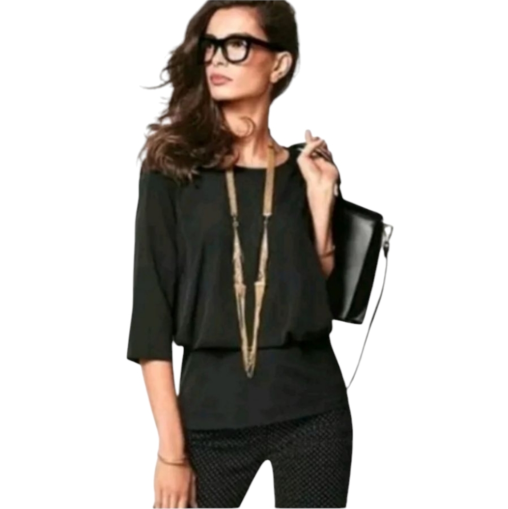 CABI Indulgence black stretch knit waist career blouson blouse shirt
